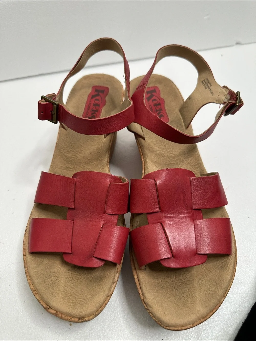 Kork-Ease Della Red Leather cork wedge Ankle-Strap Sandals with Buckle size 11